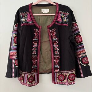 Anthropologie Abstract Embroidered Jacket XL Black Pink 100% Cotton